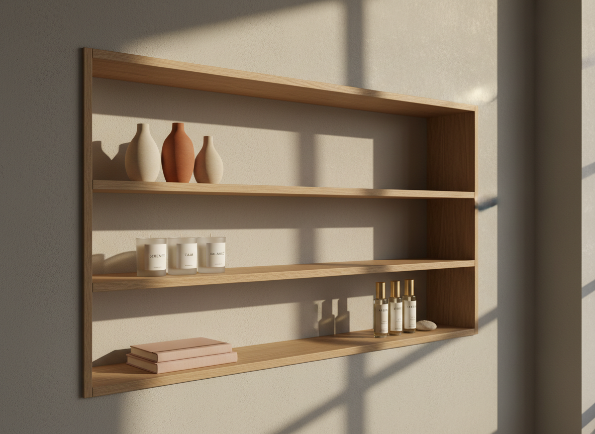 An impeccably organized open shelving unit displaying color-coordinated lifestyle products: sculptural ceramic vases in warm neutrals, matte glass candles with minimalist labels, stacked linen-bound notebooks in blush and taupe, and a few carefully placed luxury skincare bottles. The shelves are built-in against a soft greige wall with subtle texture. Late afternoon natural light washes across from the right, creating elongated, elegant shadows and a serene glow. Captured at eye level with a slight three-quarter angle, maintaining sharp focus throughout. The photographic style is refined and understated, with a calm, curated mood that suggests elevated taste and intentional living, ideal for a sophisticated product recommendation section.