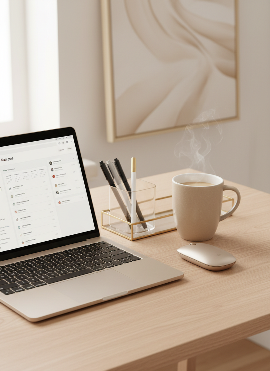 A minimalist home office vignette highlighting productivity tools: a slim, high-end laptop in a champagne metallic finish, a wireless mouse with matching tone, a sand-colored ceramic mug with a glossy interior, and a narrow, gold-framed acrylic tray holding a glass pen cup with neutral-toned pens. They rest on a smooth, pale oak desk surface with clean grain. In the softly blurred background, a neutral abstract print leans against a warm white wall. Bright but diffused daytime light from a nearby window creates soft reflections on metallic surfaces without harsh glare. Photographic realism with a clean, airy mood, captured from a slightly elevated angle, reinforcing an organized, aspirational workspace for a sophisticated affiliate recommendations page.