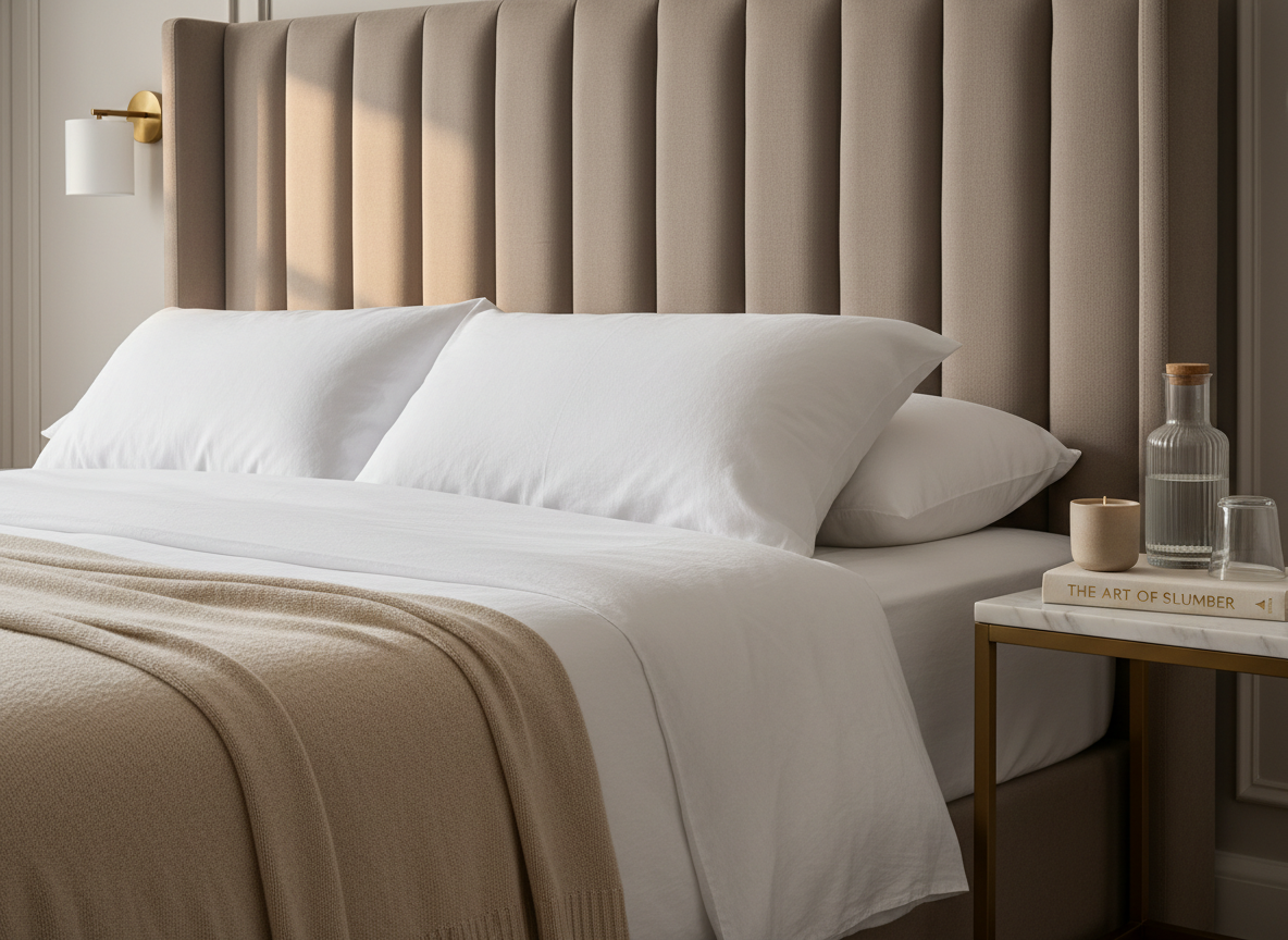 A meticulously styled bedside scene featuring an elegant taupe upholstered headboard, crisp white bedding with a light beige cashmere throw, and a slim marble-topped nightstand. On the nightstand sits a ribbed glass carafe with matching tumbler, a single luxurious candle in a matte sand-colored vessel, and a closed cream-colored hardcover book with metallic foil title. Soft, diffused evening light from an unseen wall sconce casts a warm, intimate glow and gentle shadows, enhancing the textures of fabric and stone. Photographic realism with a calm, refined composition, shot at eye level with a slight angle, keeping everything in clear focus. The overall mood is serene and elevated, suggesting the quiet rituals of a well-curated, aspirational lifestyle.