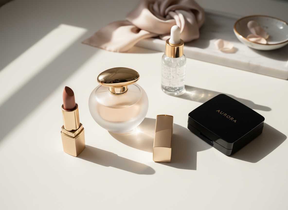 A carefully curated flat lay of luxury beauty essentials arranged on a matte ivory vanity surface, featuring an elegant frosted glass perfume bottle with a gold cap, a sleek nude-toned lipstick in a metallic case, a minimalist glass skincare serum with dropper, and a glossy black compact with subtle branding. In the background, softly blurred marble trays and a pale beige silk scarf add texture. Gentle morning light filters in from the left, creating refined highlights and soft shadows that emphasize the objects’ contours. Photographic realism with a clean, modern aesthetic, shot from a directly overhead angle with shallow depth of field, conveying a sophisticated, aspirational atmosphere perfect for a high-end affiliate blog hero image.