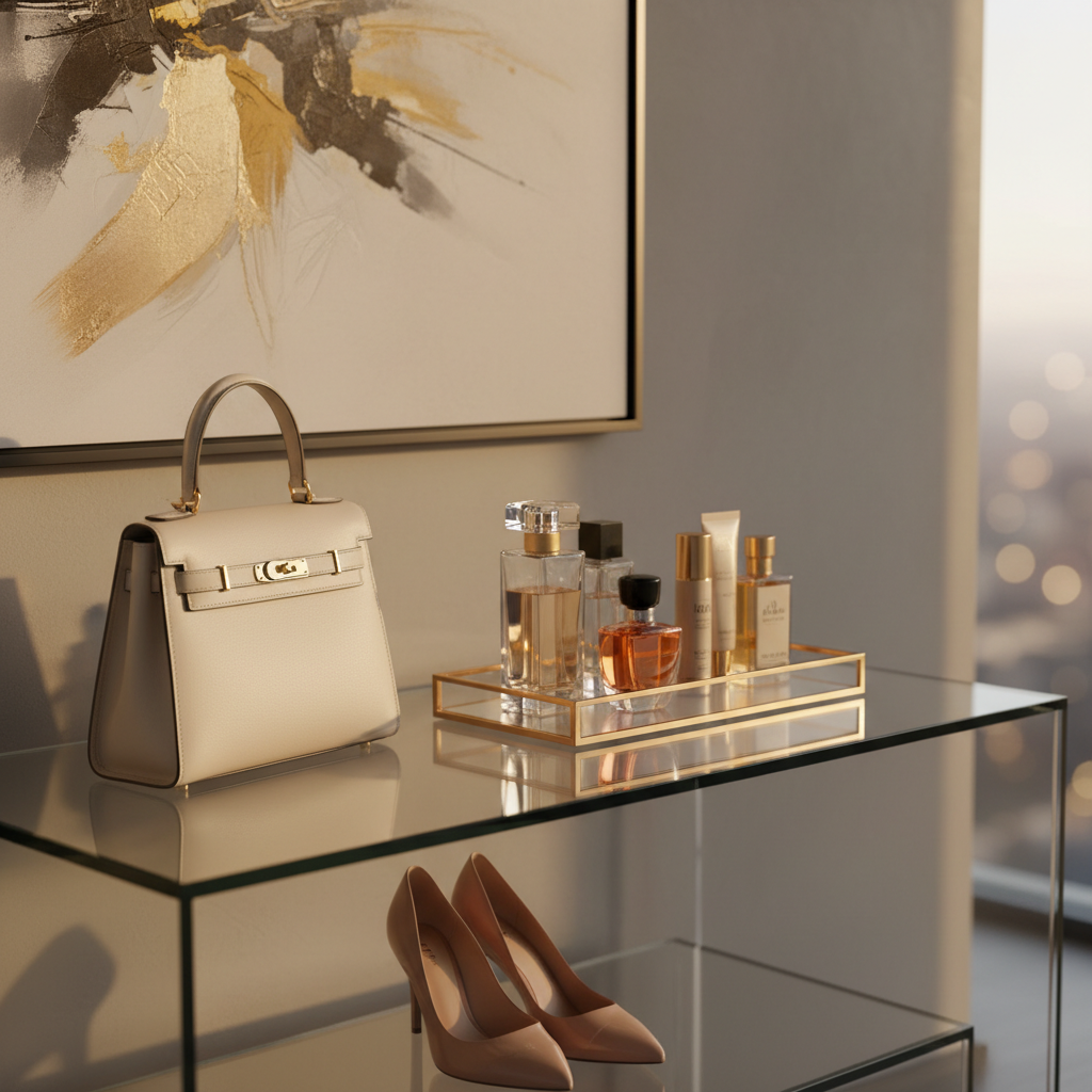 A sleek glass-top dressing table styled with aspirational lifestyle products: a structured cream leather handbag with gold hardware resting to the side, a pair of pointed-toe nude heels positioned gracefully beneath, and a row of luxury fragrance and beauty bottles aligned on a narrow mirrored tray. Behind them, a softly focused neutral-toned wall and the hint of a framed abstract artwork. Warm golden hour light spills in from a tall unseen window, creating refined reflections on the glass and subtle bokeh in the background. Photographic realism with a fashion-editorial mood, shot from a slightly elevated three-quarter angle, balancing sharp focus on the accessories with a gently softened environment that evokes polished, “becoming her” sophistication.