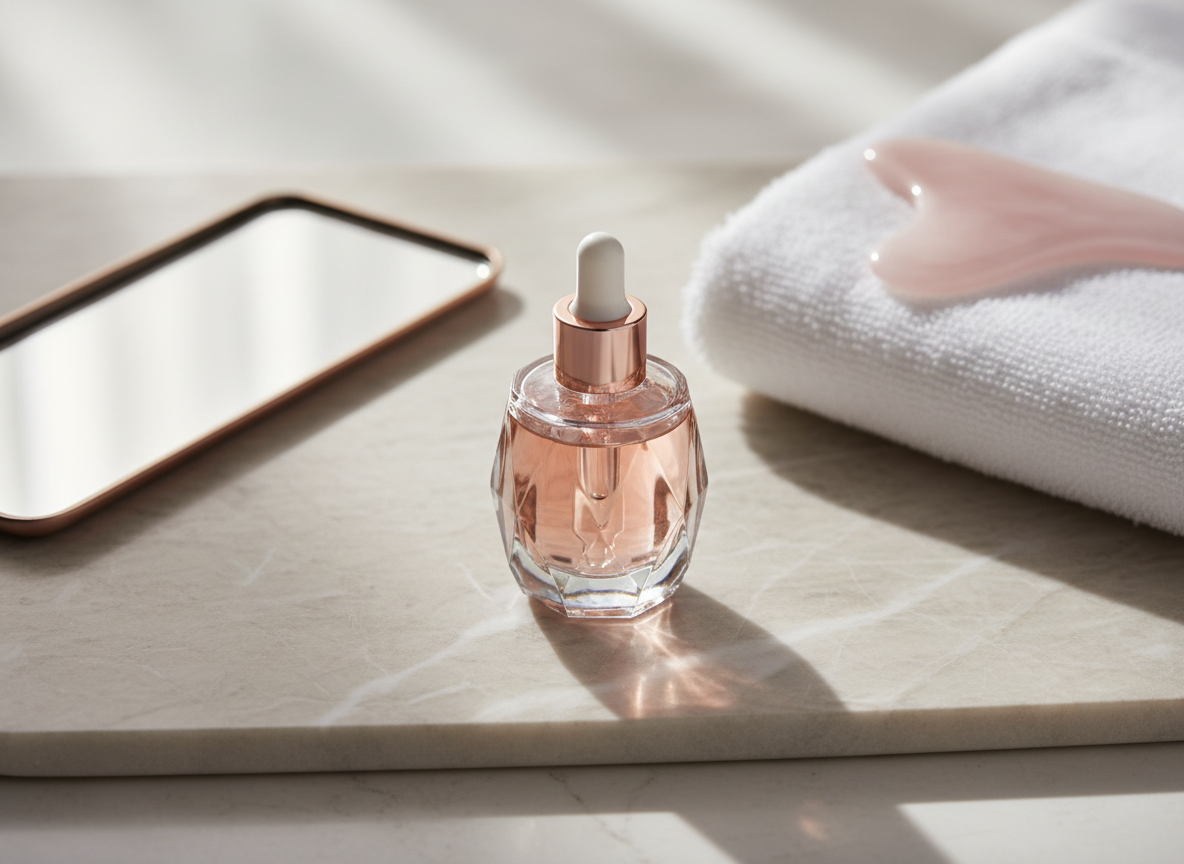A high-end beauty flat lay focusing on a single hero product: a glossy, faceted glass serum bottle with a rose-gold dropper, resting on a white-veined beige marble slab. Surrounding it are understated elements suggesting ritual and luxury: a folded, plush white cotton towel, a translucent quartz gua sha stone, and a slim, mirrored tray catching subtle reflections. Soft, diffused daylight from above and slightly behind creates a luminous halo around the bottle, with delicate highlights on each edge. Photographic realism with a minimalist, editorial composition, shot from a slightly elevated angle using shallow depth of field to keep the main product crisp and the supporting objects gently blurred, conveying exclusivity and transformation-focused self-care.